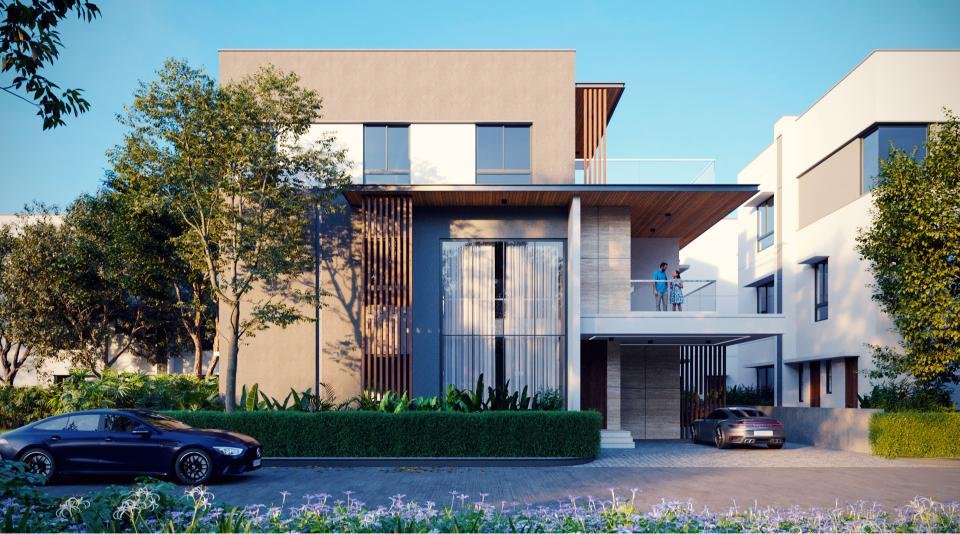 "Modern 3-storey villa at Supadha Geethika with balcony, landscaped frontage, and luxury car parking."