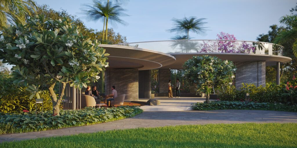 "Modern circular clubhouse with tropical landscaping and outdoor seating."